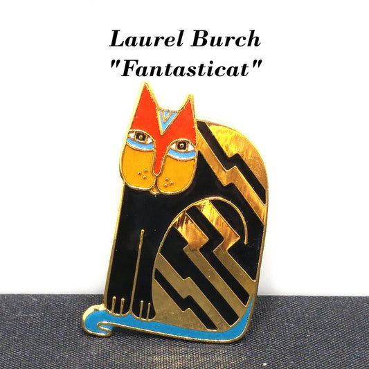 Laurel Burch "Fantasticat" Cat Brooch, Cloisonne Gold Plate, Enamel Pin, 1980s Vintage Jewelry