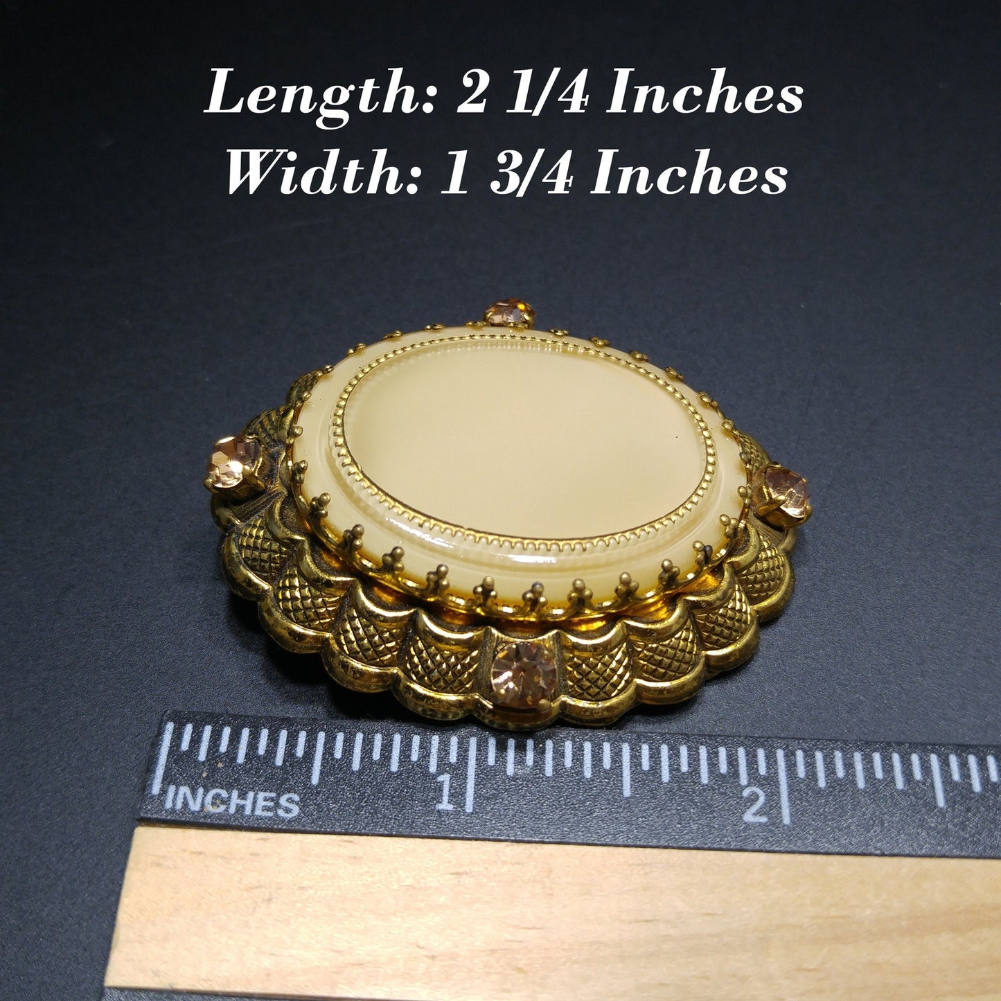 Vintage 1950s West Germany Beige Art Glass Filigree Brooch Gold Tone Rhinestones