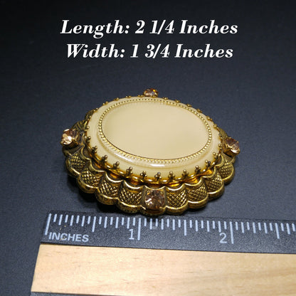 Vintage 1950s West Germany Beige Art Glass Filigree Brooch Gold Tone Rhinestones