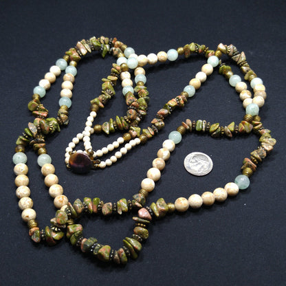 Gemstone Two Strand Beaded Necklace, Jade, Rhyolite and Quartz, 1980s Vintage Jewelry