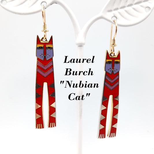Laurel Burch Red Nubian Cat Earrings, Gold Plated, Tall Red Enamel Cats, 1980s Vintage Jewelry