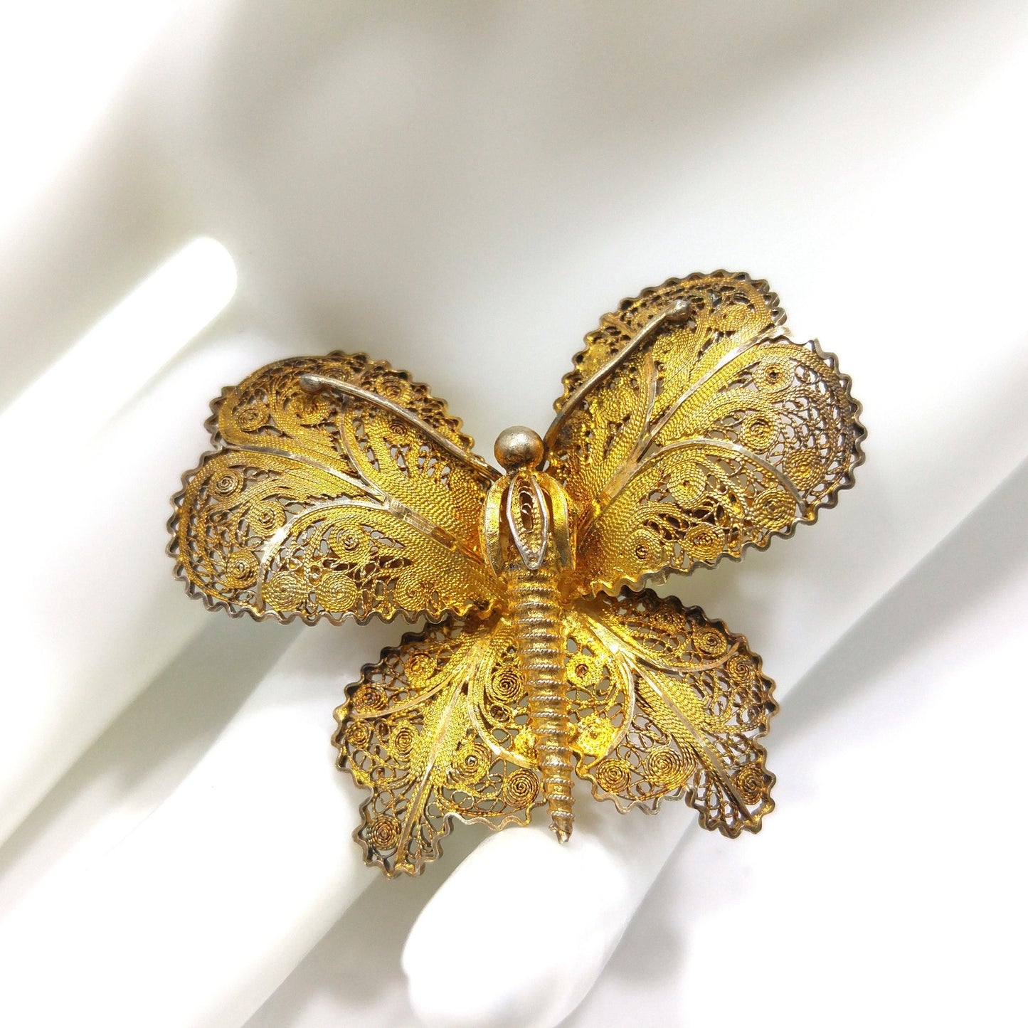 Vintage Topazio Portugal 925 Vermeil Filigree Butterfly Brooch 1940s