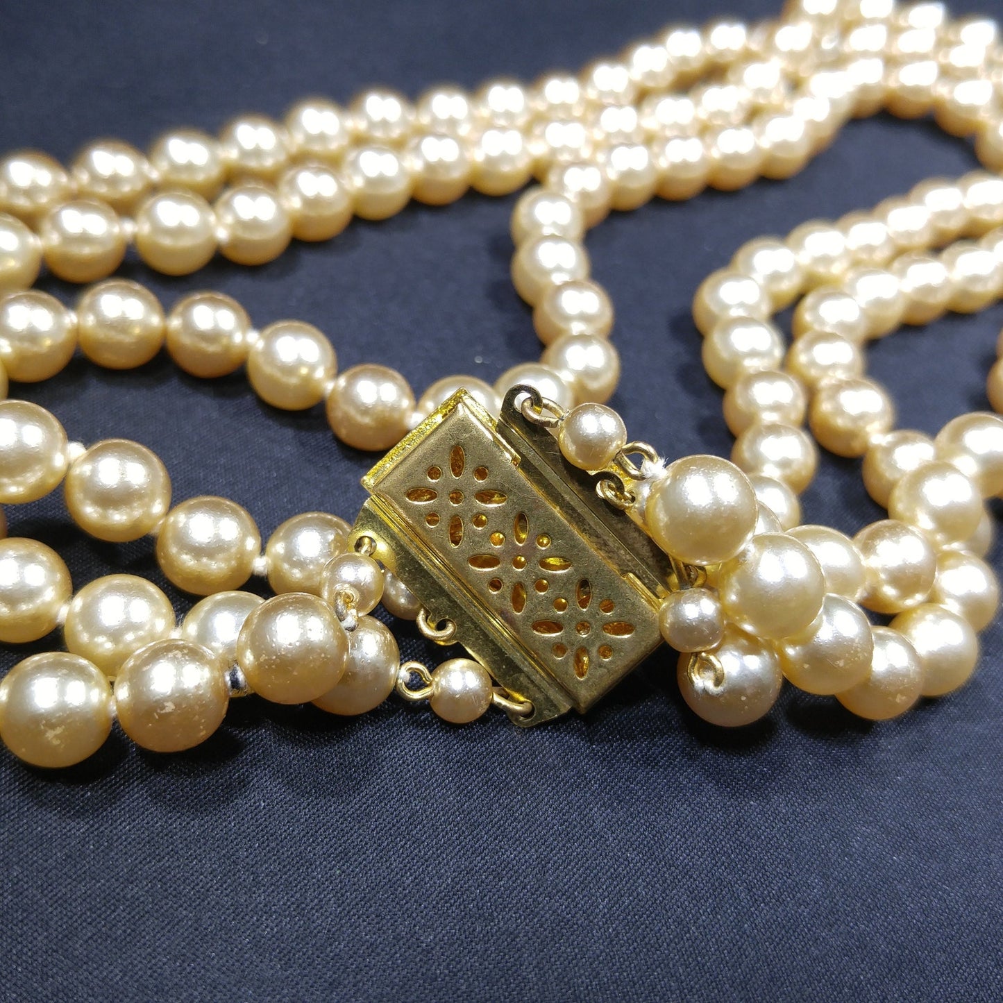 Faux Pearl Champagne Necklace, Three Strands, Glass Pearls, 1960s Vintage Jewelry