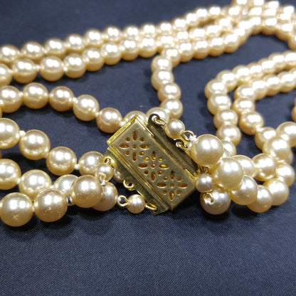 Faux Pearl Champagne Necklace, Three Strands, Glass Pearls, 1960s Vintage Jewelry