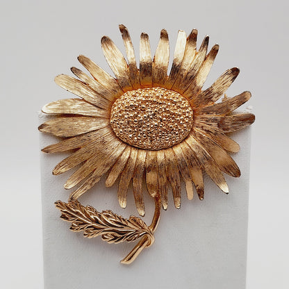 Vintage Marvella Signed Sunflower Brooch - 2 3/4 Inches, Gold Plated