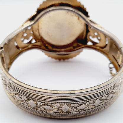 Vintage Lucite Cameo Gold Tone Hinged Bracelet with Safety Chain