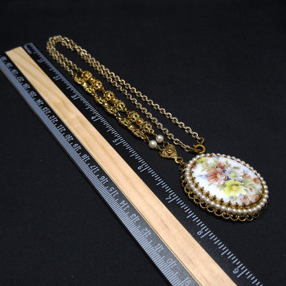 West Germany Floral Ceramic Pendant Necklace, Faux Pearls, 1960s Vintage Jewelry