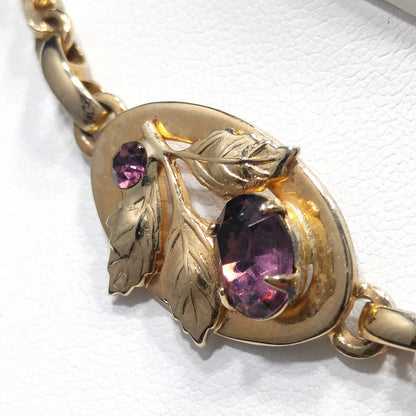 Purple Rhinestone Floral Necklace & Screw Back Earrings, Gold Plated, 1940s Vintage Jewelry
