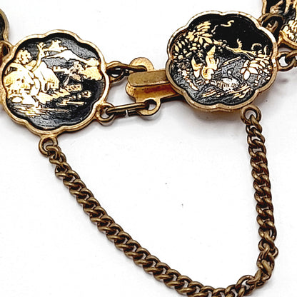 Authentic Japanese Damascene Bracelet - Vintage 6.5" Link Style - Black Gold Inlay