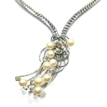 Hobe' Faux Pearl Pendant Necklace, Rhodium Plated, 1960s Vintage Jewelry