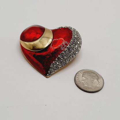 Vintage Red Enamel CZ Heart Brooch Christmas Pin 1.5 Inch European Style