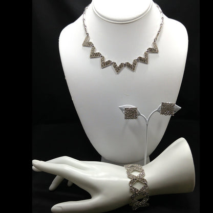 Bogoff Rhinestone Jewelry Set, Rhodium Plated Necklace Bracelet Screw Back Earrings, 1950s