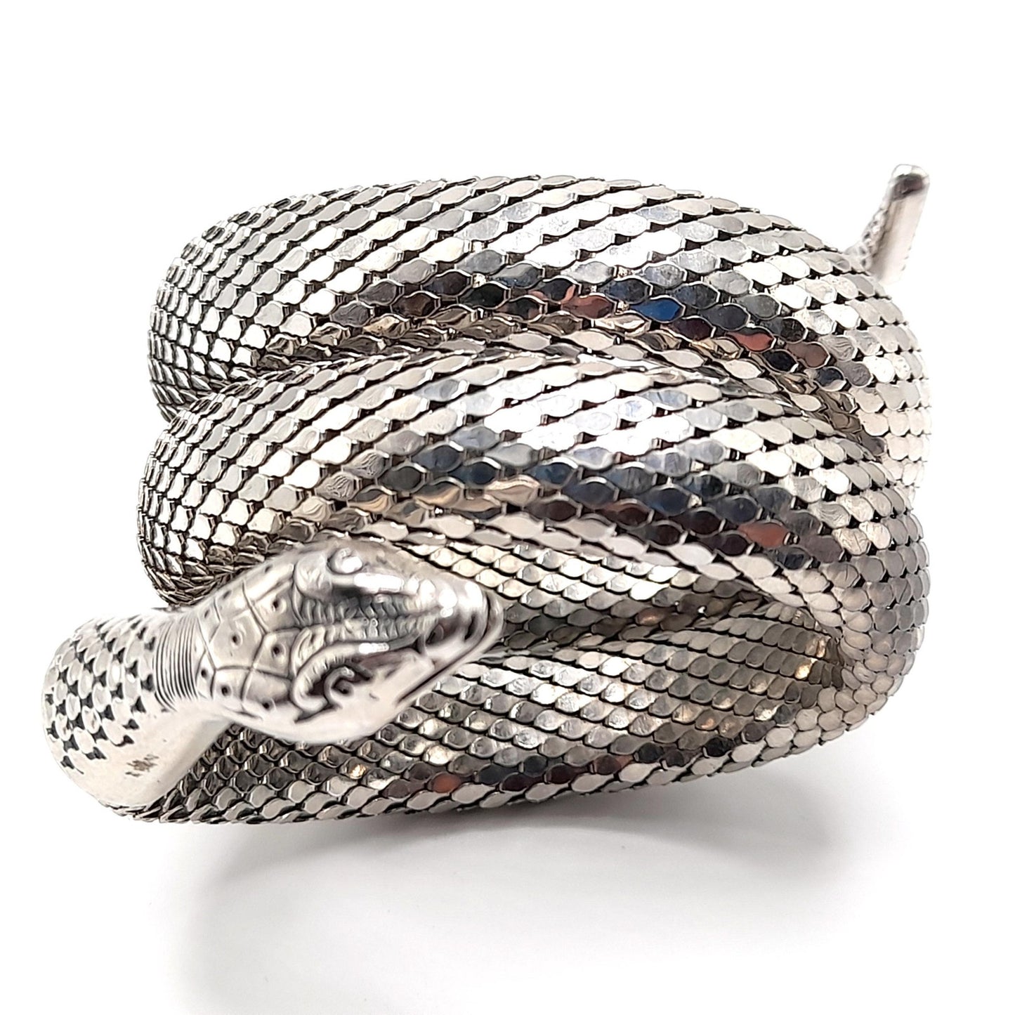 Whiting & Davis Snake Mesh Coil Bracelet, Rhodium Plated, Book Piece, 1970s Vintage Jewelry