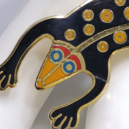 Laurel Burch Black "Lizard" Brooch, Gold Plated Cloisonne, 1980s Vintage Jewelry