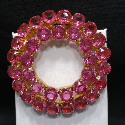 Pink Rhinestone Round Brooch, Gold Plated, Open Back Stones, 1960s Vintage Jewelry
