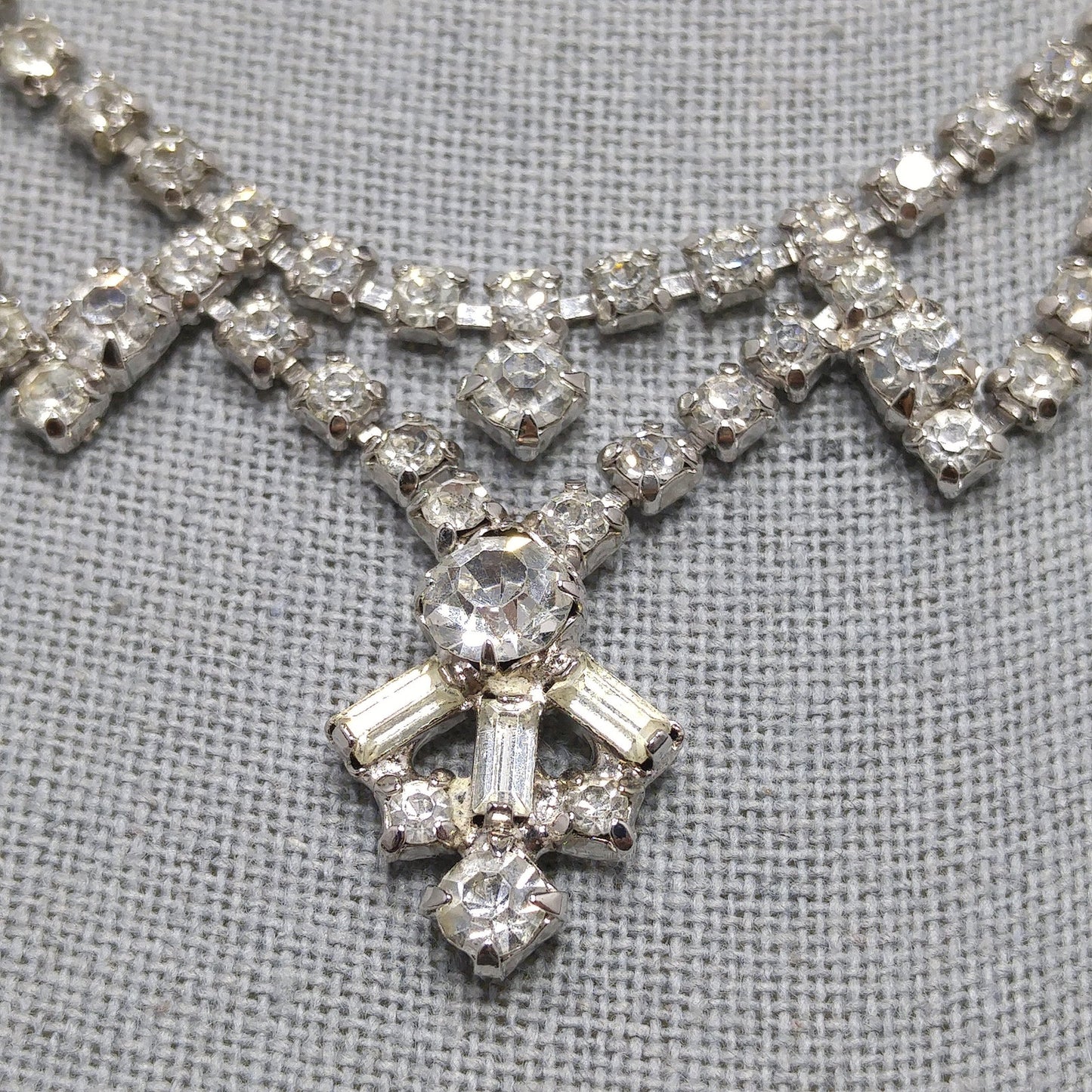 Vintage 1960s Clear Rhinestone Choker Necklace | Mid-Century Bridal Jewelry, Rhodium Plated, Baguette & Chaton Cuts