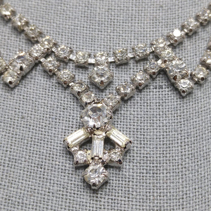 Vintage 1960s Clear Rhinestone Choker Necklace | Mid-Century Bridal Jewelry, Rhodium Plated, Baguette & Chaton Cuts