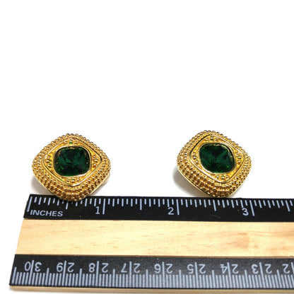 Swarovski Swan Logo Earrings, Emerald Green Crystal, Gold Plated Clip On, 1980s Vintage Jewelry