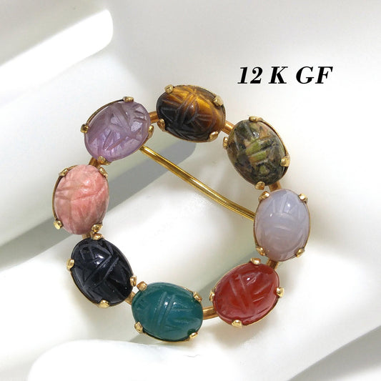 C. C. Gemstone Eight Scarab Brooch, 12K Gold Filled, Garnet Jadeite Quartz, 1950s Vintage Jewelry
