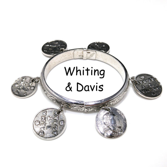 Whiting & Davis Hinged Bracelet, Six Faux Coins, Book Piece, 1980s Vintage Jewelry