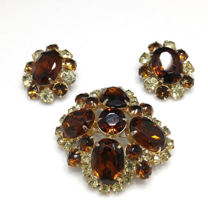 Topaz Rhinestone Brooch & Clip Earrings Set, Gold Plated, 1960s Vintage Jewelry