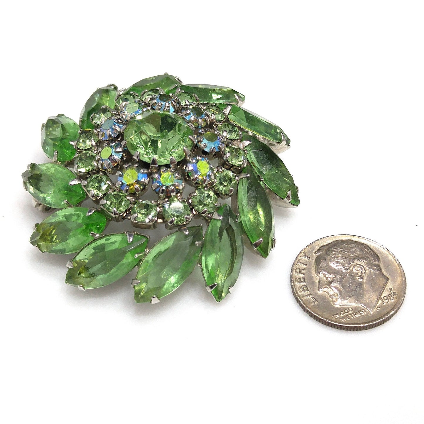Vintage Peridot Green Rhinestone Domed Brooch, Aurora Borealis, 1960s