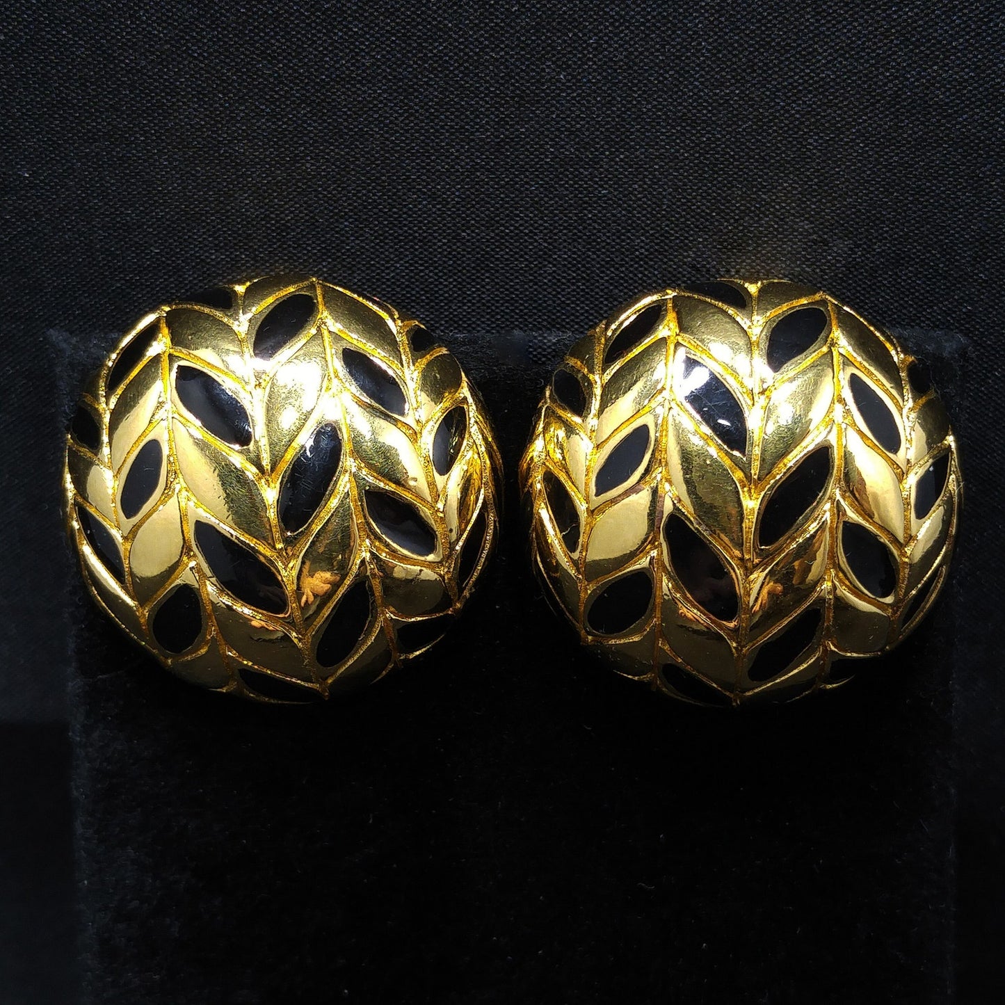 Ciner Gold & Black Clip Earrings, Gold Plated, Black Enamel, 1980s Vintage Jewelry