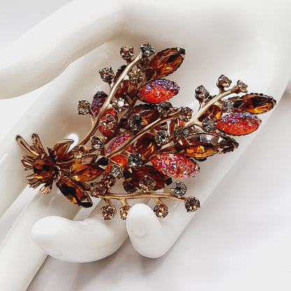 Vintage Amber Orange Rhinestone Leaf Brooch, 3D Layered, 1950s