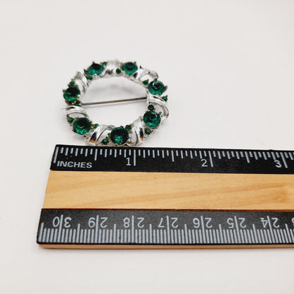 Vintage Emerald Green Wreath Brooch, Rhodium Plated 1.5 Inch Holiday Pin