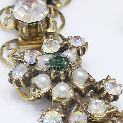 Florenza Rhinestone Bracelet & Earrings, Book Piece, Faux Pearls, 1960s Vintage Jewelry
