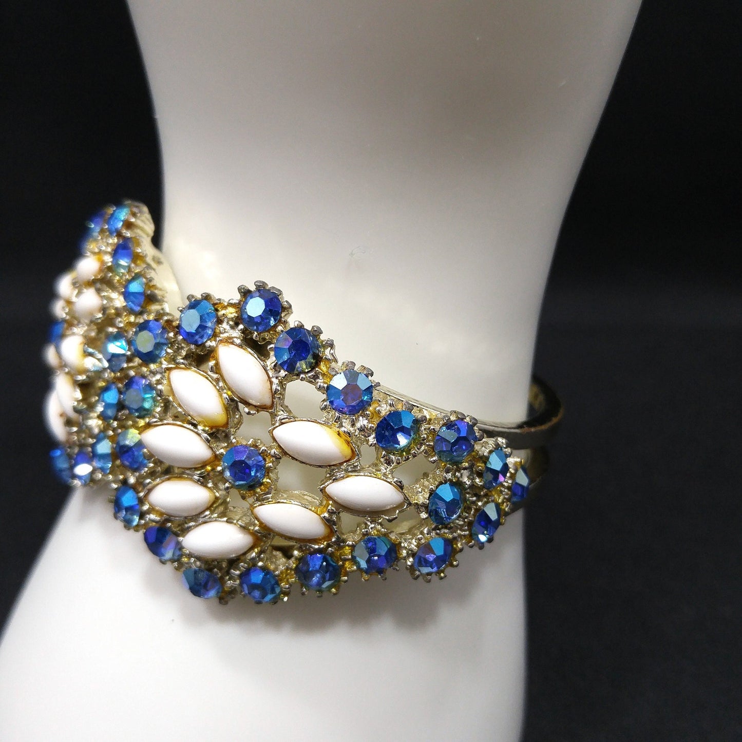 Vintage Blue Aurora Borealis Rhinestone Milk Glass Clamper Bracelet 1960s
