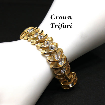 Crown Trifari Clear Rhinestone Bracelet, Gold Plated, 1960s Vintage Jewelry