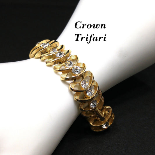 Crown Trifari Clear Rhinestone Bracelet, Gold Plated, 1960s Vintage Jewelry