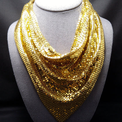 Whiting & Davis Gold Mesh Necklace, Disco Gold Plated, 1970s Vintage Necklace