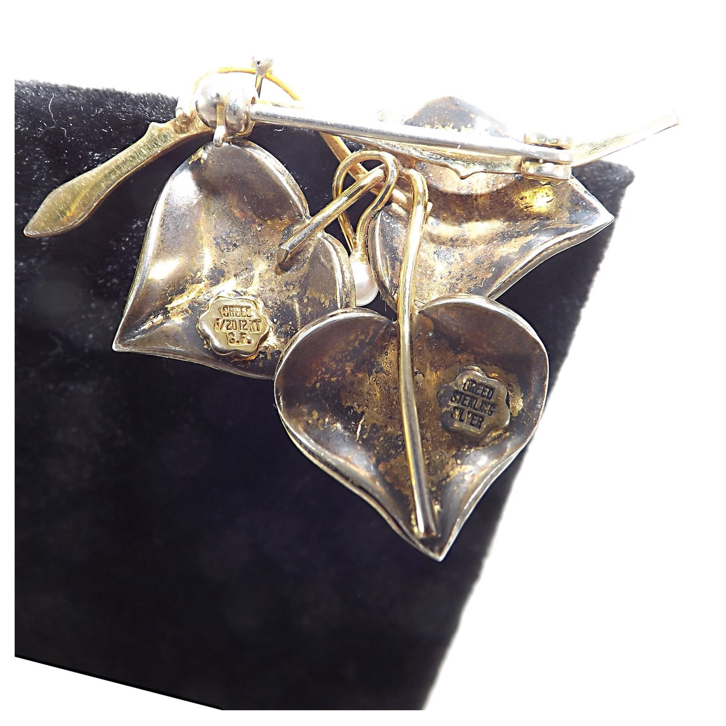 Vintage CREED Sterling Silver Floral Brooch with 12K GF & Pearl, Mid-Century