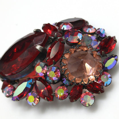 Regency Jewels Red Brooch, Aurora Borealis, 1950s Vintage Jewelry