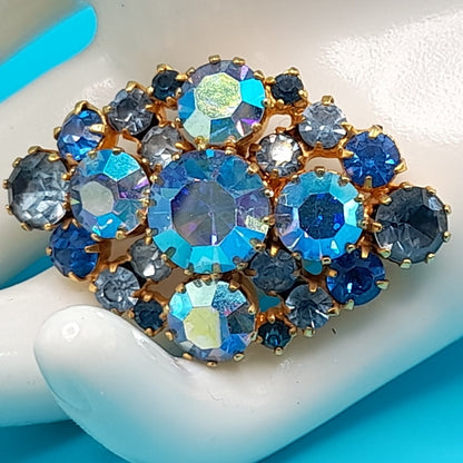 Vintage STAR Made AUSTRIA Brooch, Aurora Borealis, Gold Tone, 1960s, 1 3/4 Inch