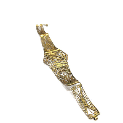 1920s Art Deco Cannetille Filigree Bracelet Gold Vermeil Silver 7 Inch