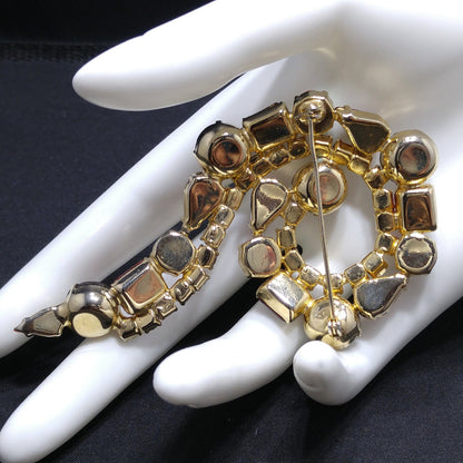 Red Aurora Borealis Rhinestone Question Mark Brooch, Gold Plated, 1960s Vintage Jewelry