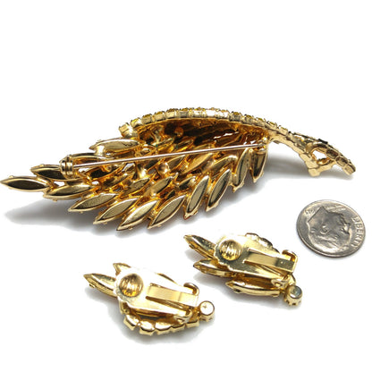 Yellow Topaz Rhinestones Brooch & Earrings, Gold Plated, 1960s Vintage Jewelry