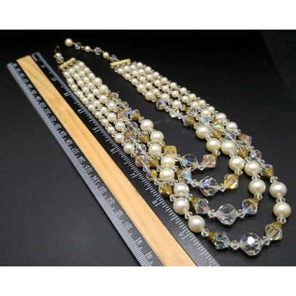 Mid Century AB Crystal Bead Necklace, Faux Pearls, Aurora Borealis, 1960s