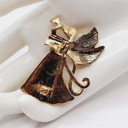 Vintage MONET Rhinestone Angel Brooch Gold Tone Holiday Pin 2 Inch