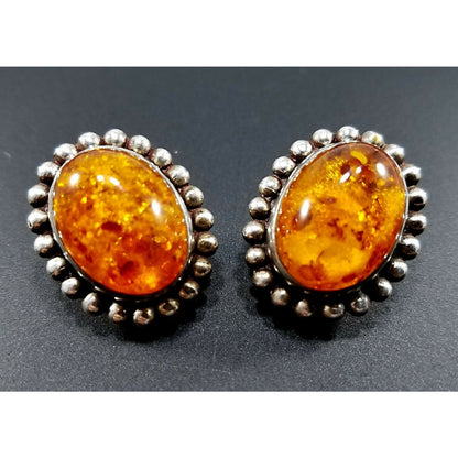 Stephen Dweck Amber Oval Clip Earrings, Sterling Silver, Vintage Jewelry
