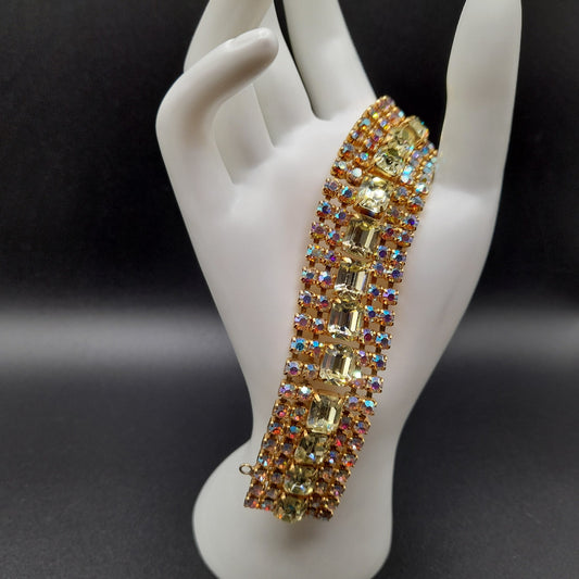 Jonquil Aurora Borealis Rhinestone Wide Bracelet, Gold Plated, 1960s Vintage Jewelry