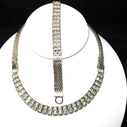 Art Deco Clear Rhinestone Choker Necklace Bracelet Set, Silver Tone Mesh, 1950s Vintage Jewelry