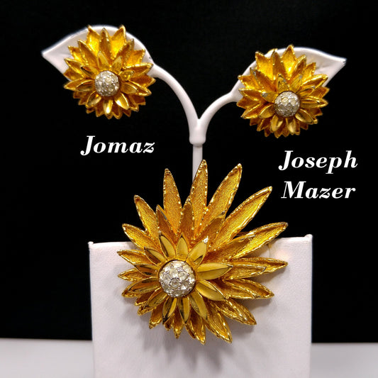 Joseph Mazer Flower Brooch & Earrings, Gold Plated, 1960s Vintage Jewelry