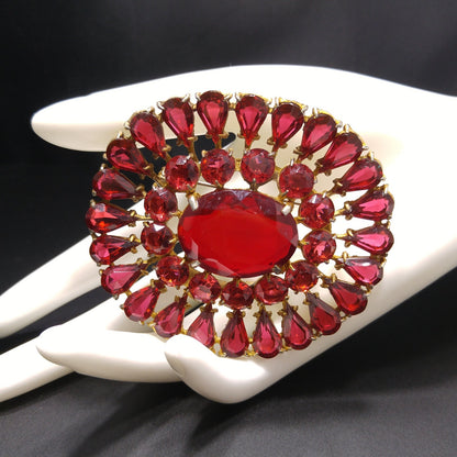 Large Red Rhinestone Sash Pin Brooch, Faceted Red Glass Stone Center, 1940s Vintage Jewelry