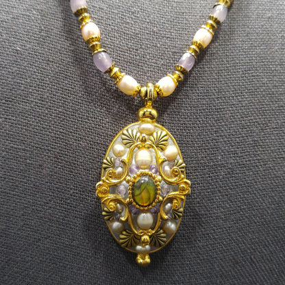 Michal Golan Amethyst Beaded Pendant Necklace, Faux Pearls, Artisan Vintage Jewelry