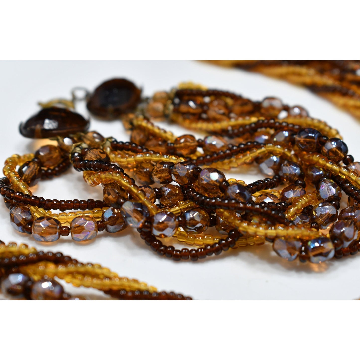 Vintage Czech Beaded Necklace & Bracelet Set, Topaz Fire Polished Beads, 1950s