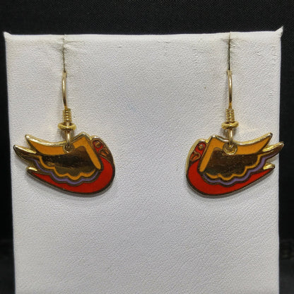 Laurel Burch "Wild Swan" Bird Earrings, Gold Plated, Enamel Cloisonne, 1980s